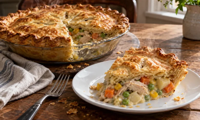 Golden baked chicken potpie with a slice cut out on a white plate showing creamy filling with chicken, carrots, peas, corn and potatoes