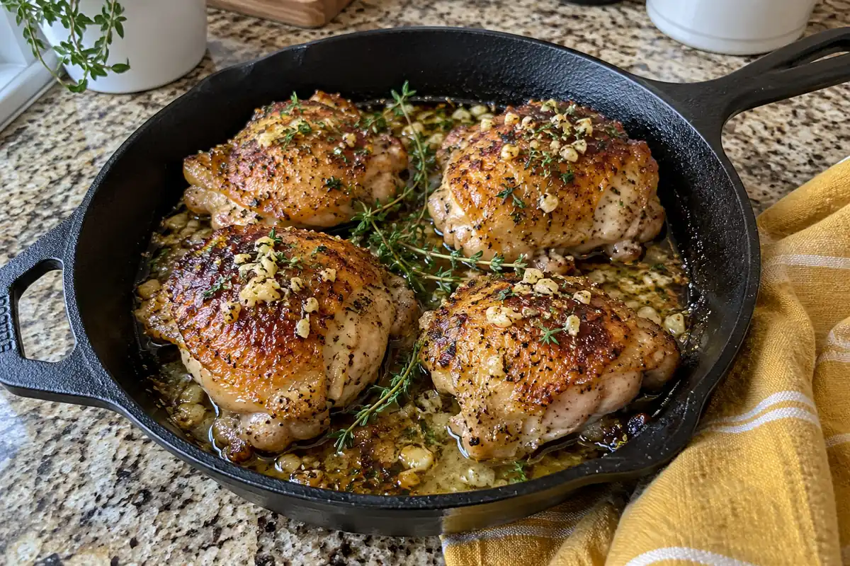 Golden garlic butter chicken thighs with crispy skin and thyme sprigs in a cast-iron skillet with pan juices