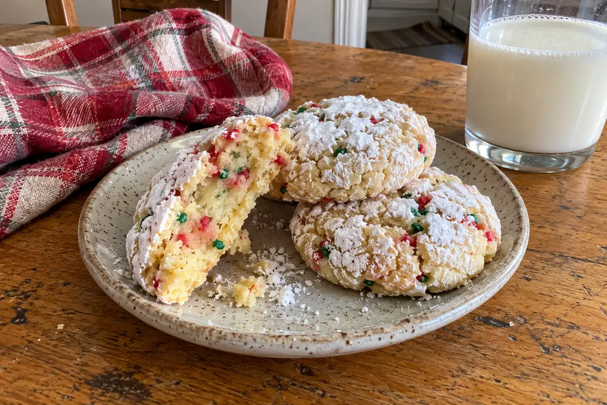 A Christmas gooey butter cookie broken in half showing a soft gooey center speckled with red and green sprinkles