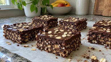 Thick no-bake peanut butter Greek yogurt brownie crunch bars with a glossy dark chocolate top and rolled oats on parchment