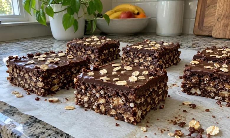 Thick no-bake peanut butter Greek yogurt brownie crunch bars with a glossy dark chocolate top and rolled oats on parchment