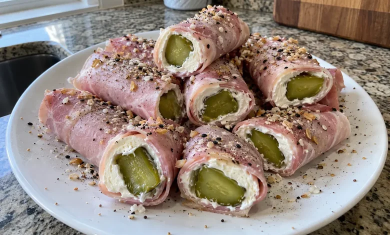 A white plate stacked with ham and cream cheese pickle roll-ups showing green pickle centers and a cream cheese ring, sprinkled with black pepper
