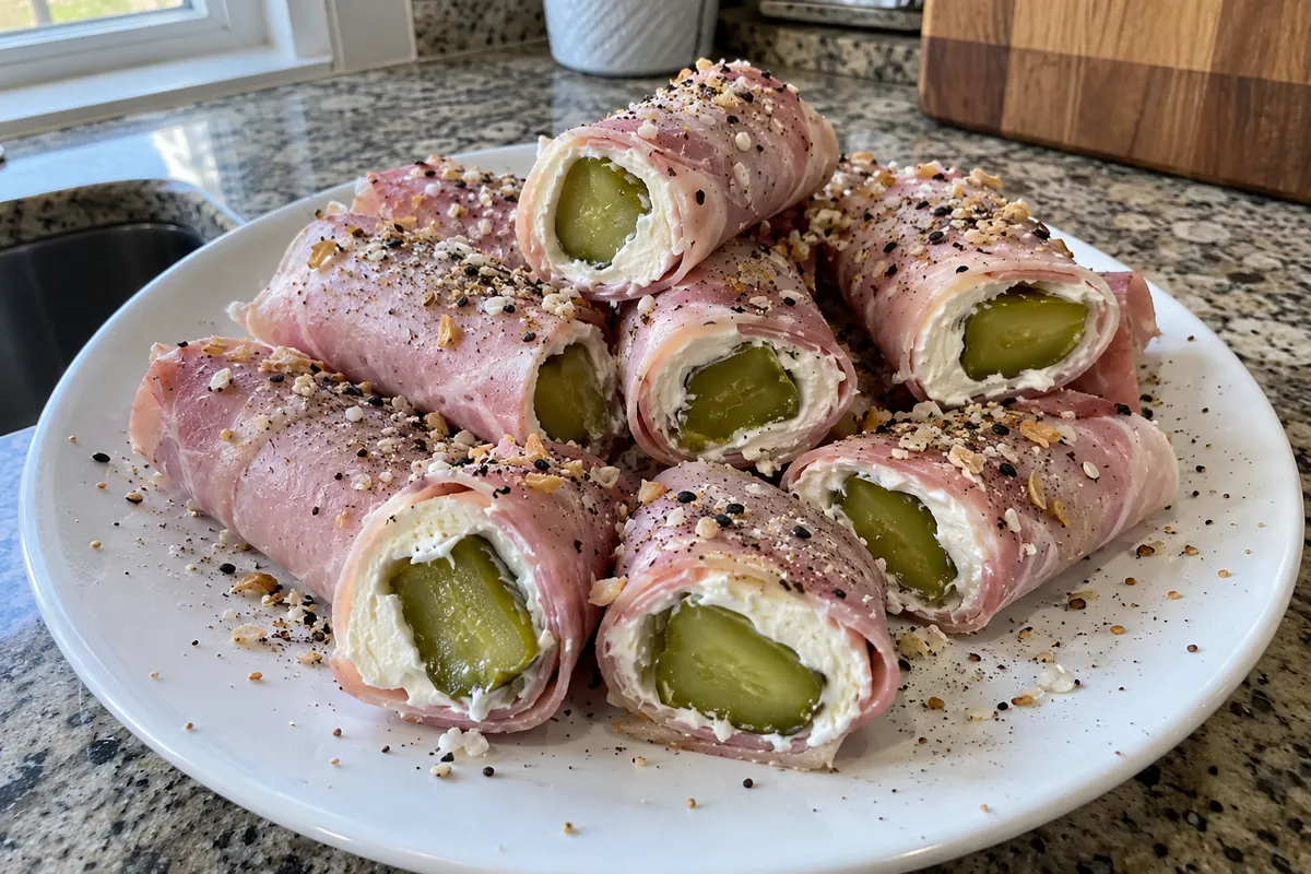 A white plate stacked with ham and cream cheese pickle roll-ups showing green pickle centers and a cream cheese ring, sprinkled with black pepper