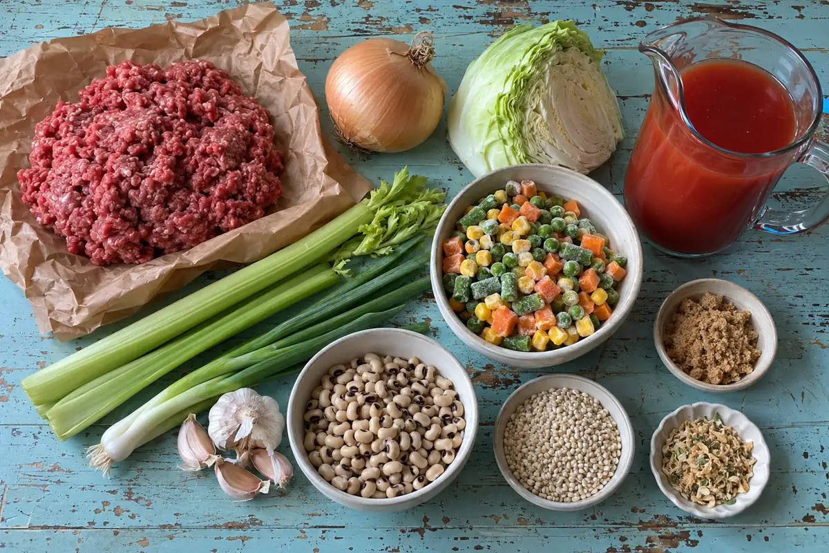 Ingredients for hamburger country vegetable soup: ground beef, onion, celery, cabbage, tomato juice, mixed vegetables, black-eyed peas and barley