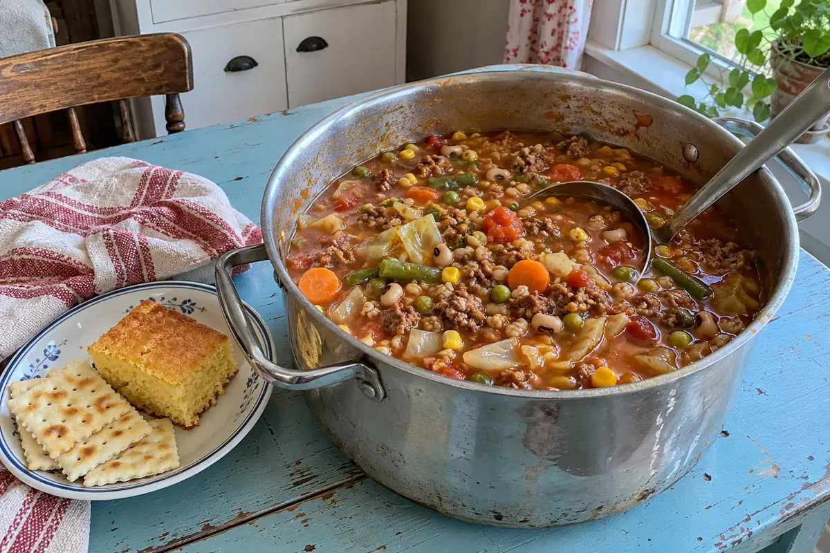 Pot of hamburger country vegetable soup with ground beef, cabbage, mixed vegetables and black-eyed peas in tomato broth