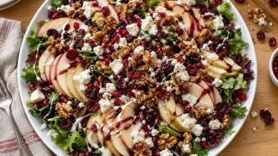 Harvest apple pear cranberry salad on a white platter with shingled fruit slices, greens, feta, candied walnuts, pomegranate arils and balsamic glaze