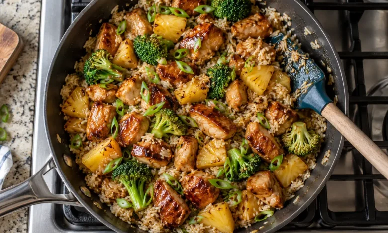 Top-down view of a Hawaiian chicken rice bowl in a large non-stick skillet with glazed chicken, jasmine rice, broccoli, pineapple chunks and sliced green onions