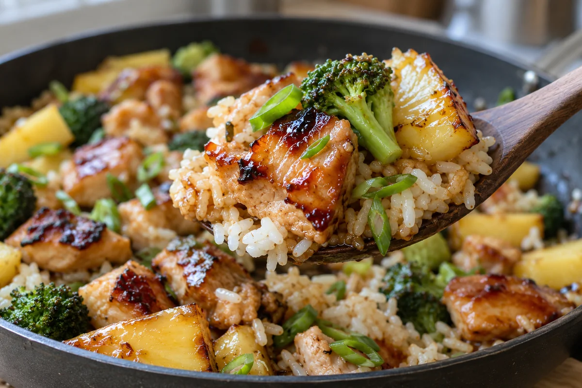 Close-up spoonful of Hawaiian chicken rice bowl with glazed chicken, pineapple and broccoli over jasmine rice