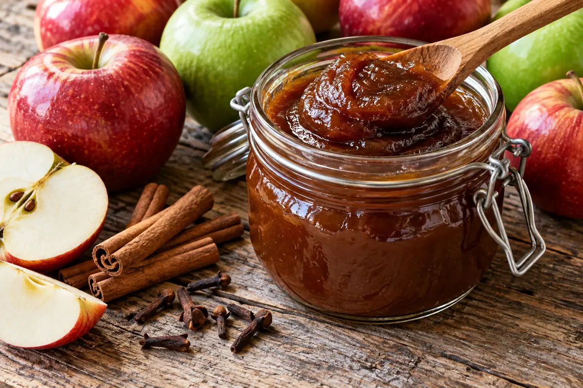 Jar of homemade apple butter with a spoon beside fresh apples and cinnamon sticks on a wooden table