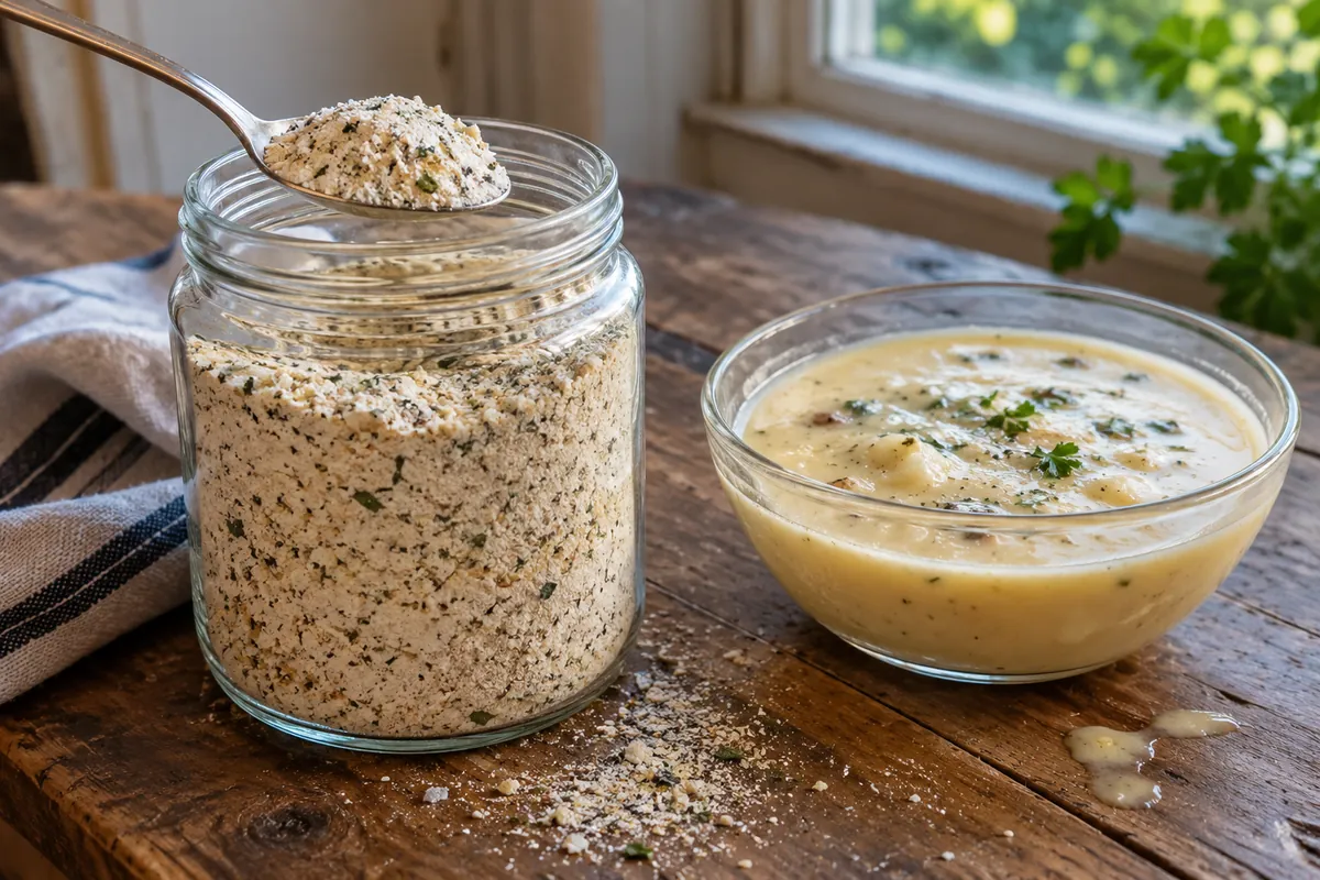 Wide-mouth glass jar of beige homemade cream soup mix with a spoon lifting a scoop and a small bowl of creamy soup on a wooden table