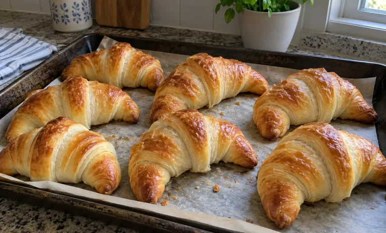 Dark baking sheet of golden baked homemade crescent rolls on a kitchen counter
