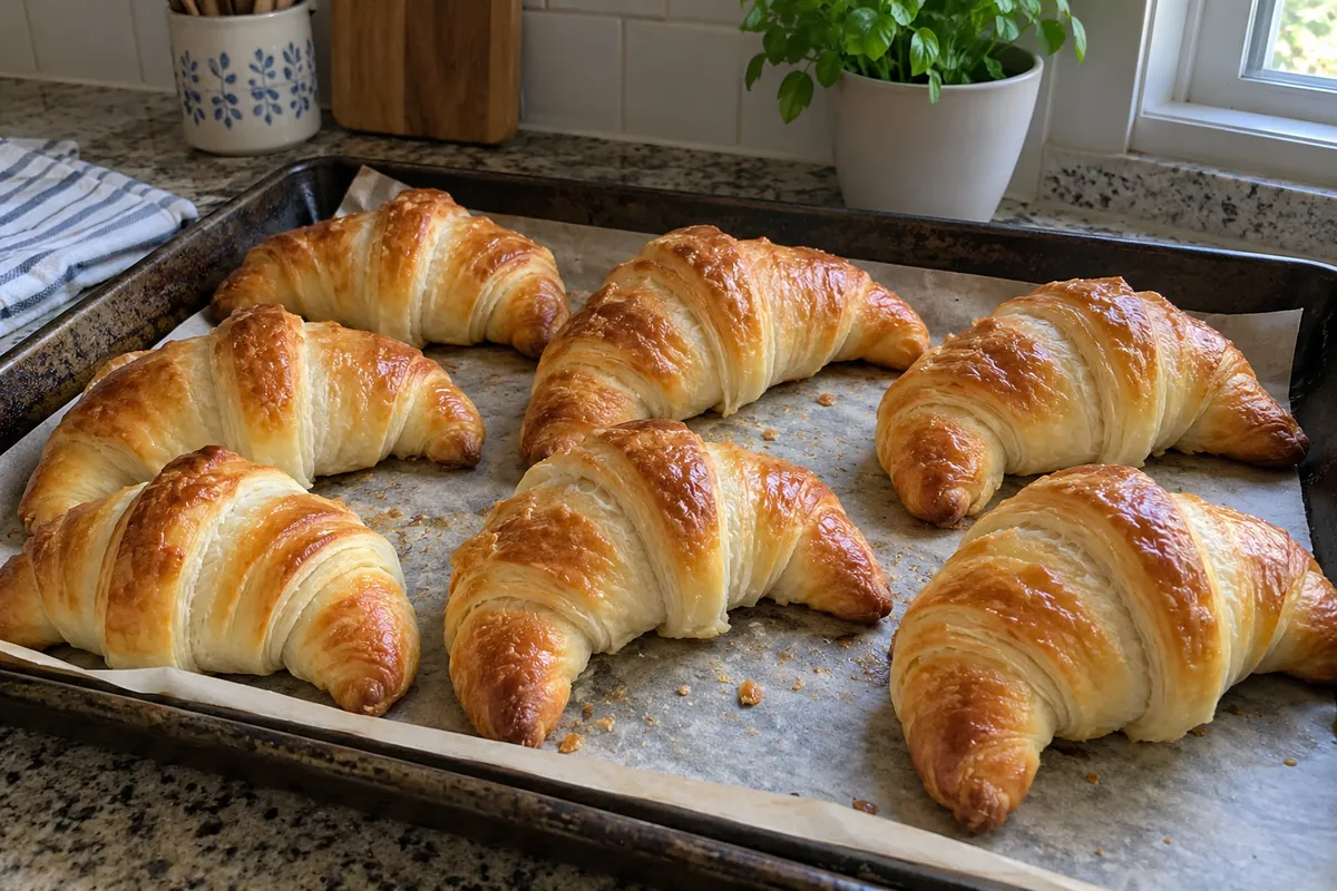 Dark baking sheet of golden baked homemade crescent rolls on a kitchen counter