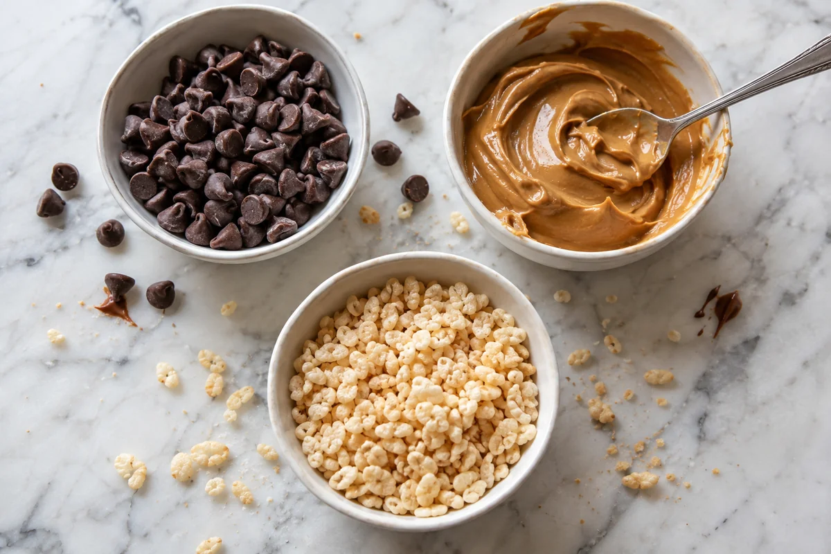 Chocolate chips, peanut butter and crispy rice cereal, the three ingredients for homemade crunch bars, seen from above