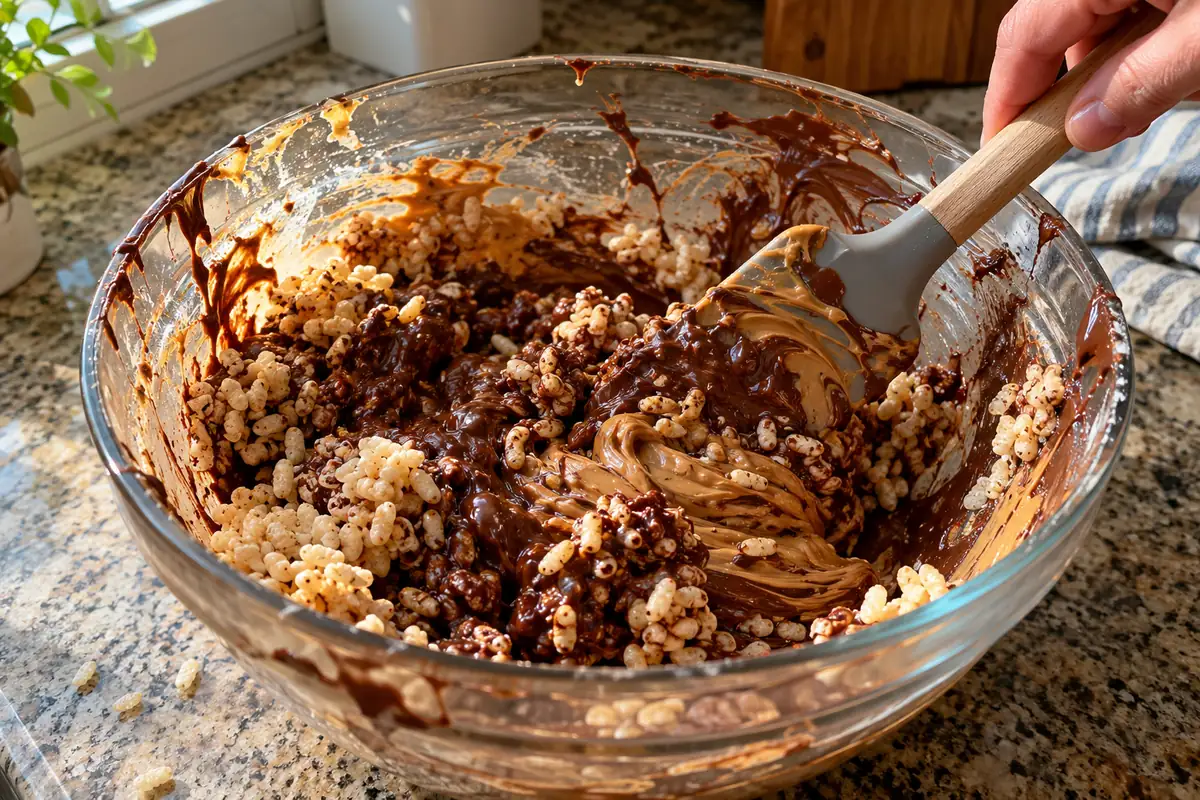 Melted chocolate and peanut butter being stirred with crispy rice cereal in a mixing bowl