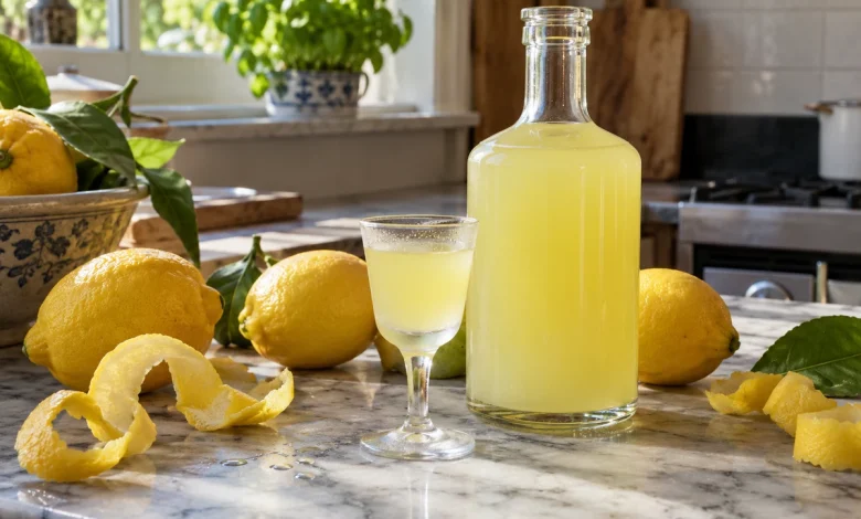 Frosted stemmed glass and a plain glass bottle of cloudy pale-yellow homemade limoncello with whole lemons and lemon peel curls on a kitchen counter