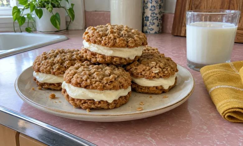 Stack of homemade oatmeal cream pies with thick vanilla buttercream filling between soft cinnamon oatmeal cookies
