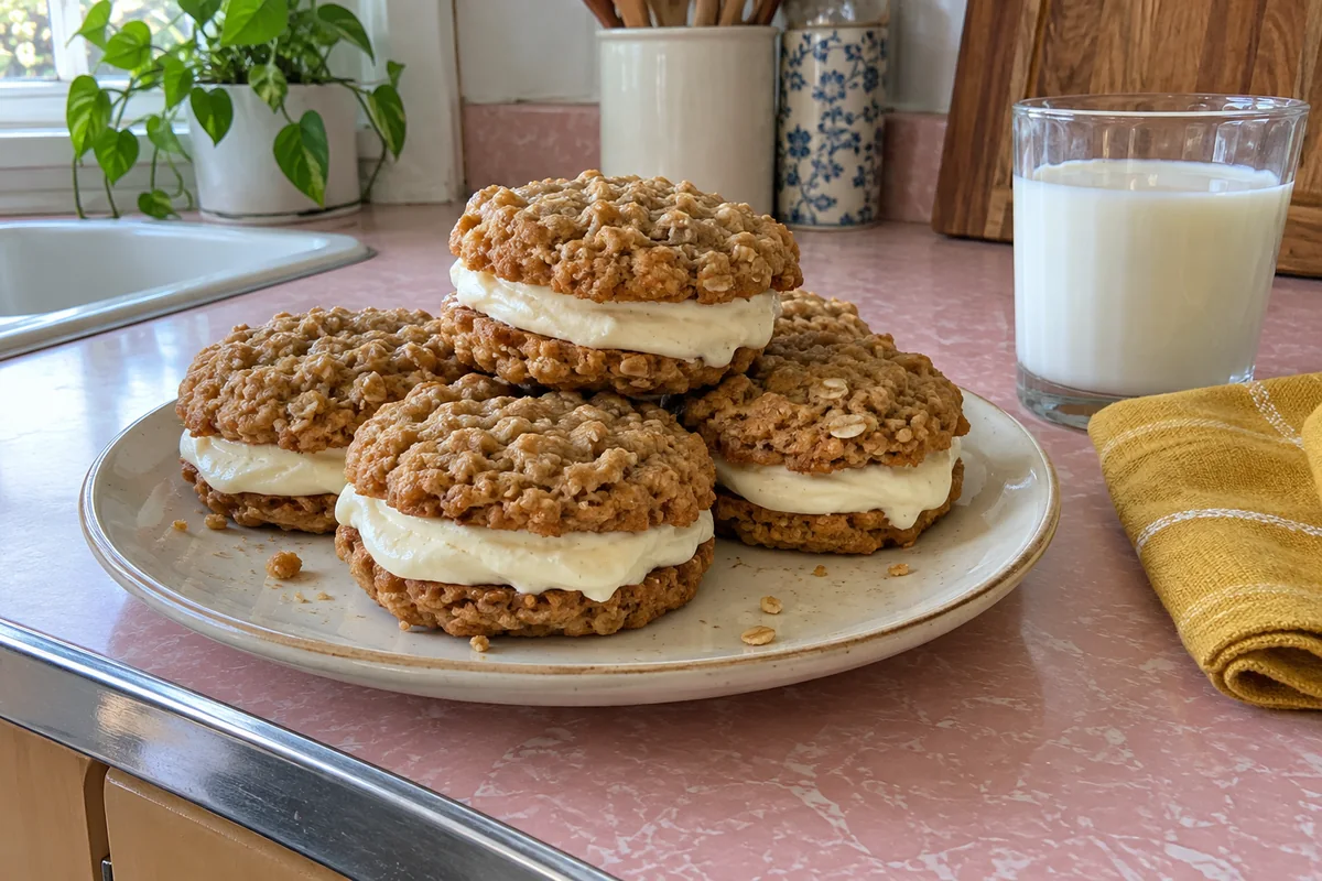 Stack of homemade oatmeal cream pies with thick vanilla buttercream filling between soft cinnamon oatmeal cookies