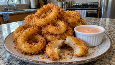 A tall pile of golden, crunchy homemade onion rings on a speckled stoneware plate with a ramekin of creamy pink dipping sauce