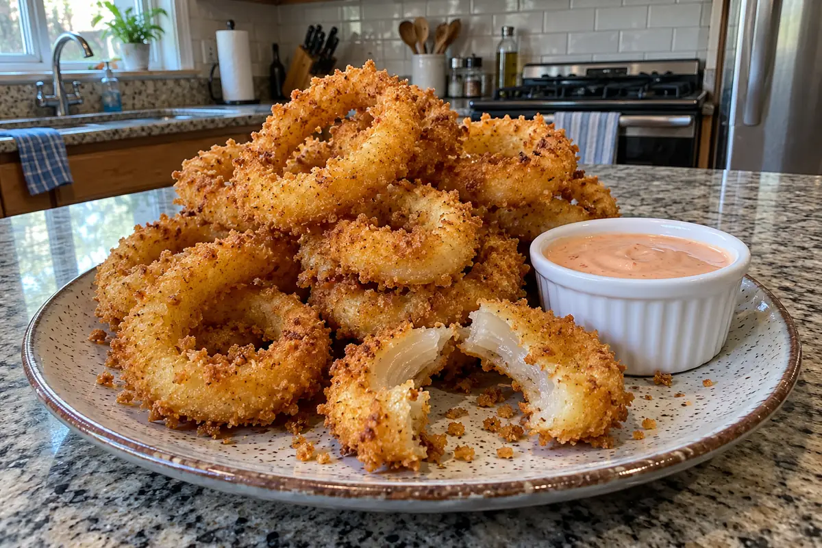 A tall pile of golden, crunchy homemade onion rings on a speckled stoneware plate with a ramekin of creamy pink dipping sauce