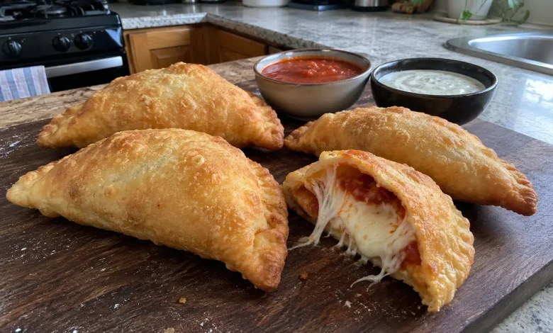 Four golden half-moon fried homemade panzerotti on a dark wooden board, one cut open showing stretchy mozzarella and red sauce, with two small dipping bowls behind