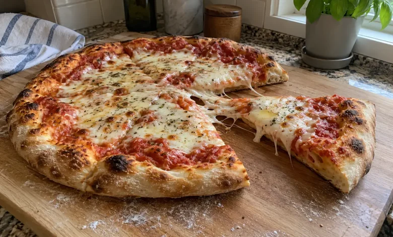 Baked homemade pizza with tomato sauce and melted mozzarella on a board with a slice pulled