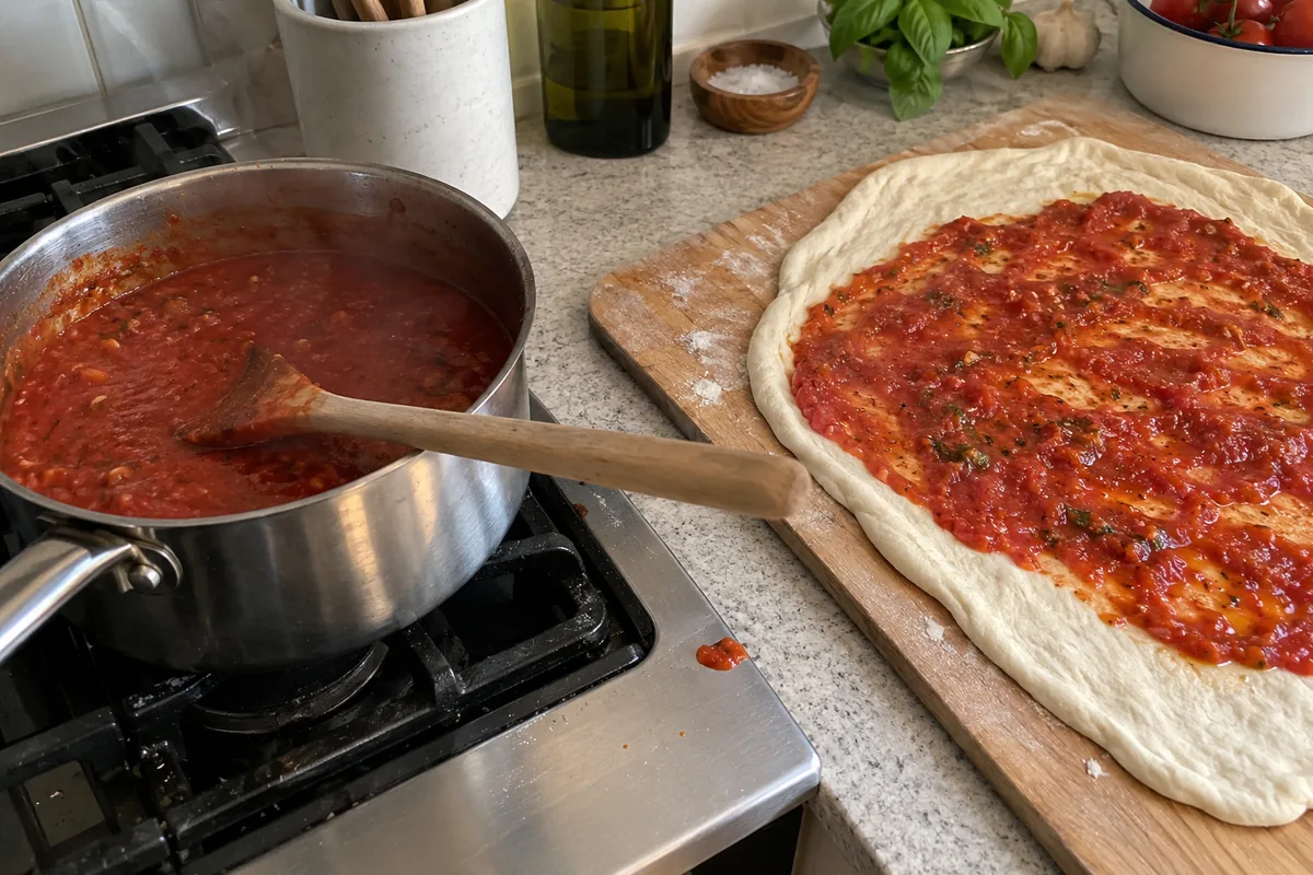 Pizza sauce simmering beside stretched dough spread with sauce