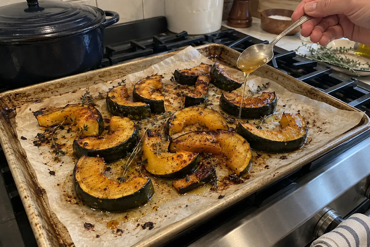 Roasted acorn squash slices on a sheet pan being drizzled with honey