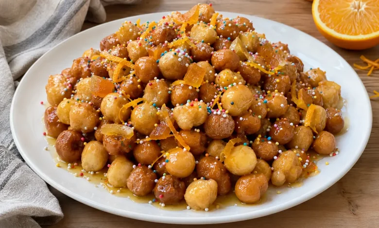Mound of honey-glazed struffoli with colorful sprinkles and orange zest piled on a white plate