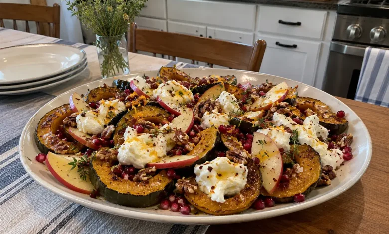 Platter of honey roasted acorn squash half-moons topped with torn burrata, apple slices, pecans, pomegranate and thyme