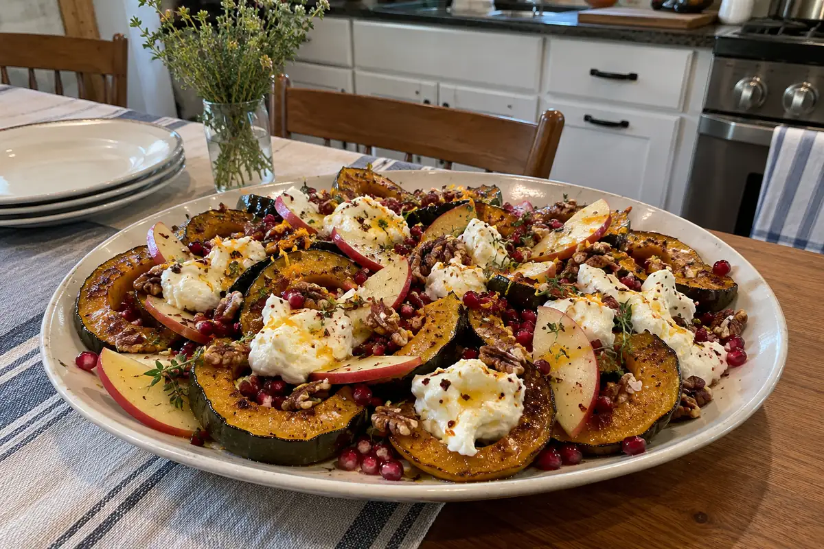Platter of honey roasted acorn squash half-moons topped with torn burrata, apple slices, pecans, pomegranate and thyme