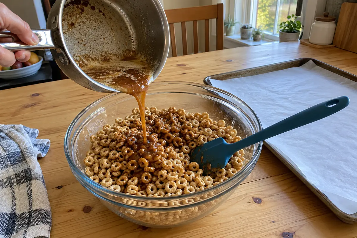 Pouring melted cinnamon butter over toasted oat cereal rings in a mixing bowl