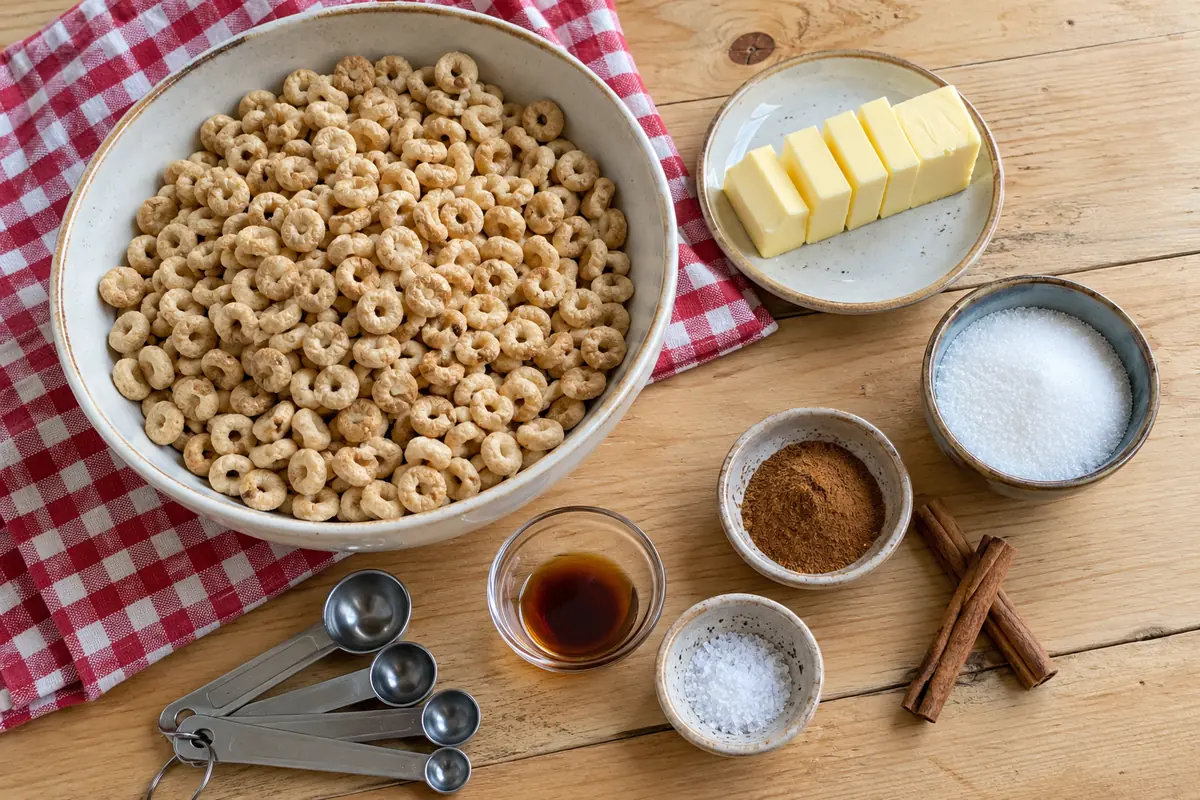 Ingredients for hot buttered cereal: toasted oat cereal rings, salted butter, white sugar, cinnamon, salt and vanilla