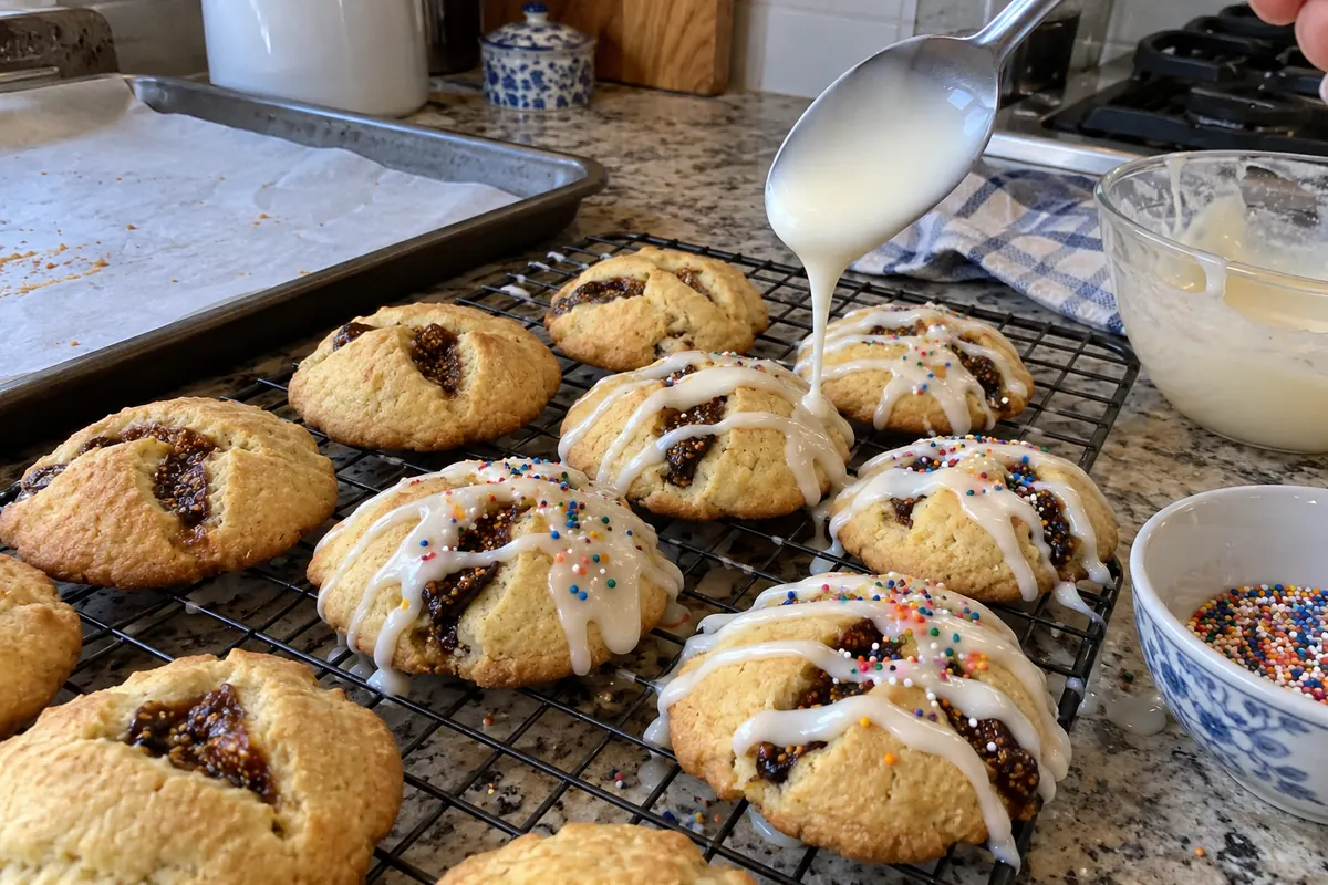 Drizzling white icing from a spoon over baked fig cookies on a wire cooling rack beside a bowl of rainbow sprinkles