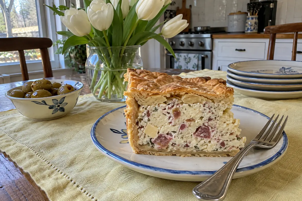 Slice of Italian Easter pie showing ricotta filling with salami, mortadella, prosciutto and cheese