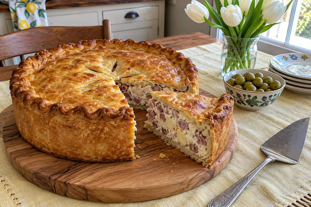 Golden Italian Easter pie with a crimped buttery crust and one slice cut on a wooden board