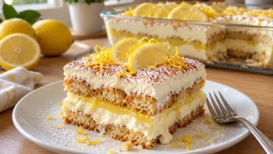 Italian lemon tiramisu square on a white plate with layers of sponge and lemon cream, topped with lemon half-slices and zest