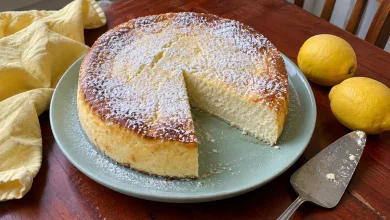 Italian ricotta cheesecake dusted with powdered sugar with one slice cut on a pale ceramic cake plate