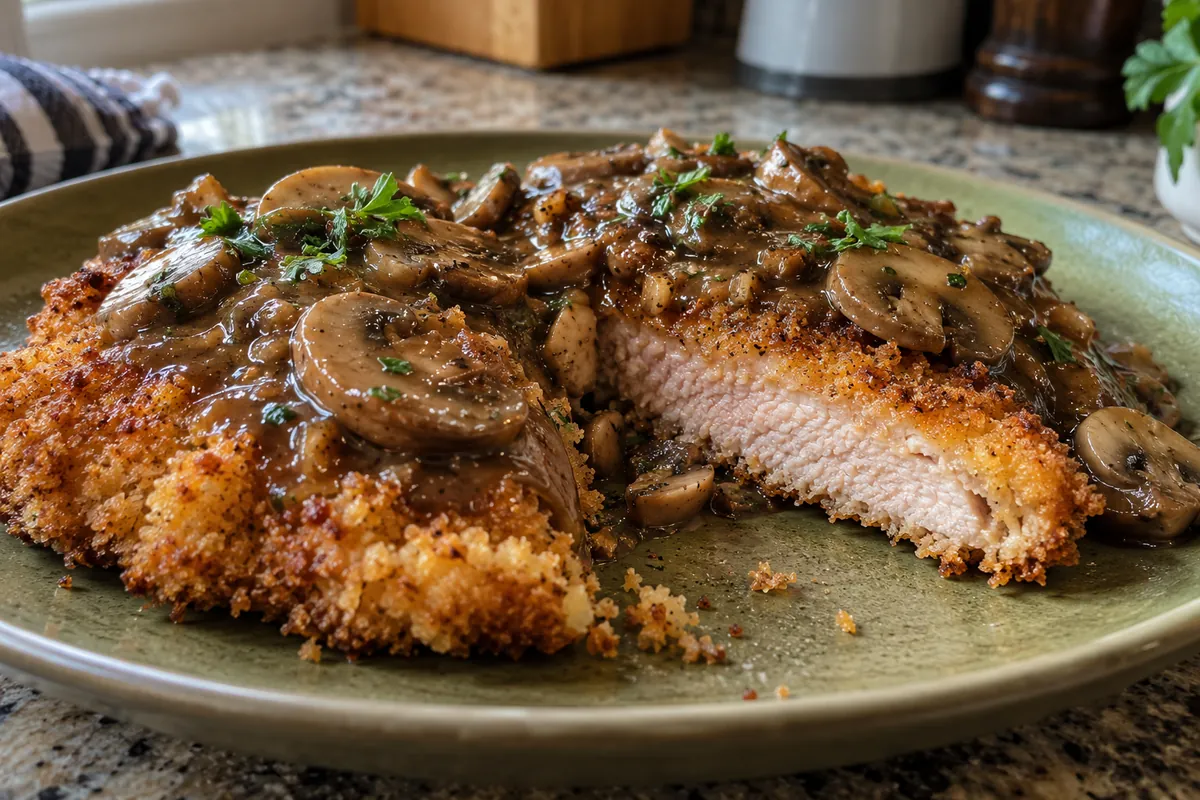 Close-up of a cut Jägerschnitzel showing crispy golden breading and juicy pork under mushroom gravy