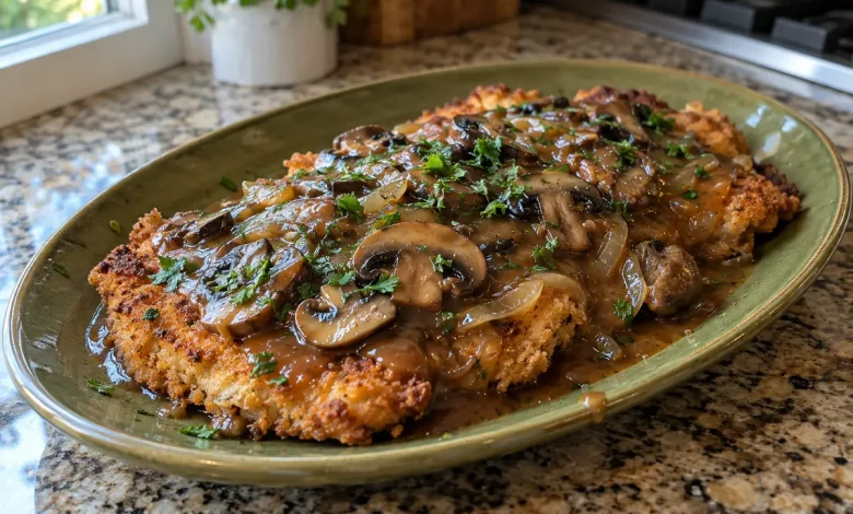 Breaded Jägerschnitzel topped with dark mushroom gravy and parsley on an oval olive-green platter