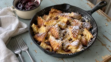Fluffy Kaiserschmarrn torn into pieces and dusted with powdered sugar in a cast-iron skillet with plum compote