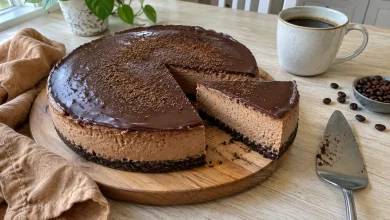 Keto mocha cheesecake with glossy dark chocolate ganache and one slice cut on a wooden board