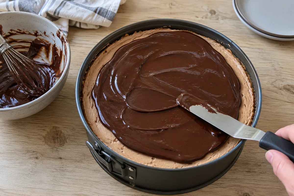 Spreading dark chocolate ganache over a chilled keto mocha cheesecake
