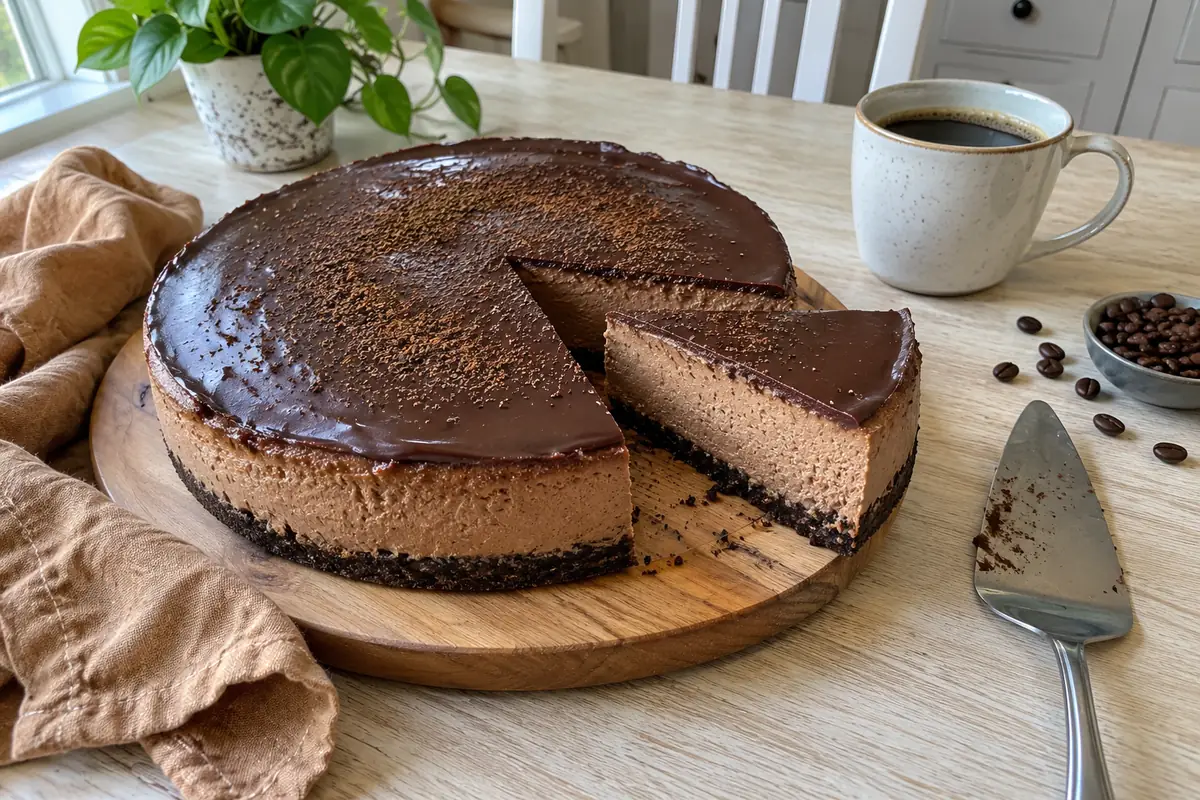 Keto mocha cheesecake with glossy dark chocolate ganache and one slice cut on a wooden board