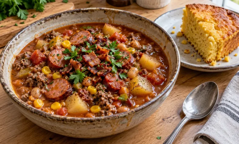 Bowl of kielbasa ground beef stew with beans, potatoes and corn, topped with parsley and served with cornbread