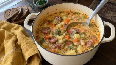 Creamy kielbasa potato soup with cannellini beans, carrots and fresh dill in a Dutch oven