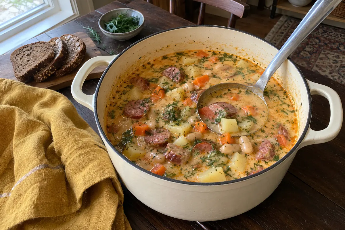 Creamy kielbasa potato soup with cannellini beans, carrots and fresh dill in a Dutch oven