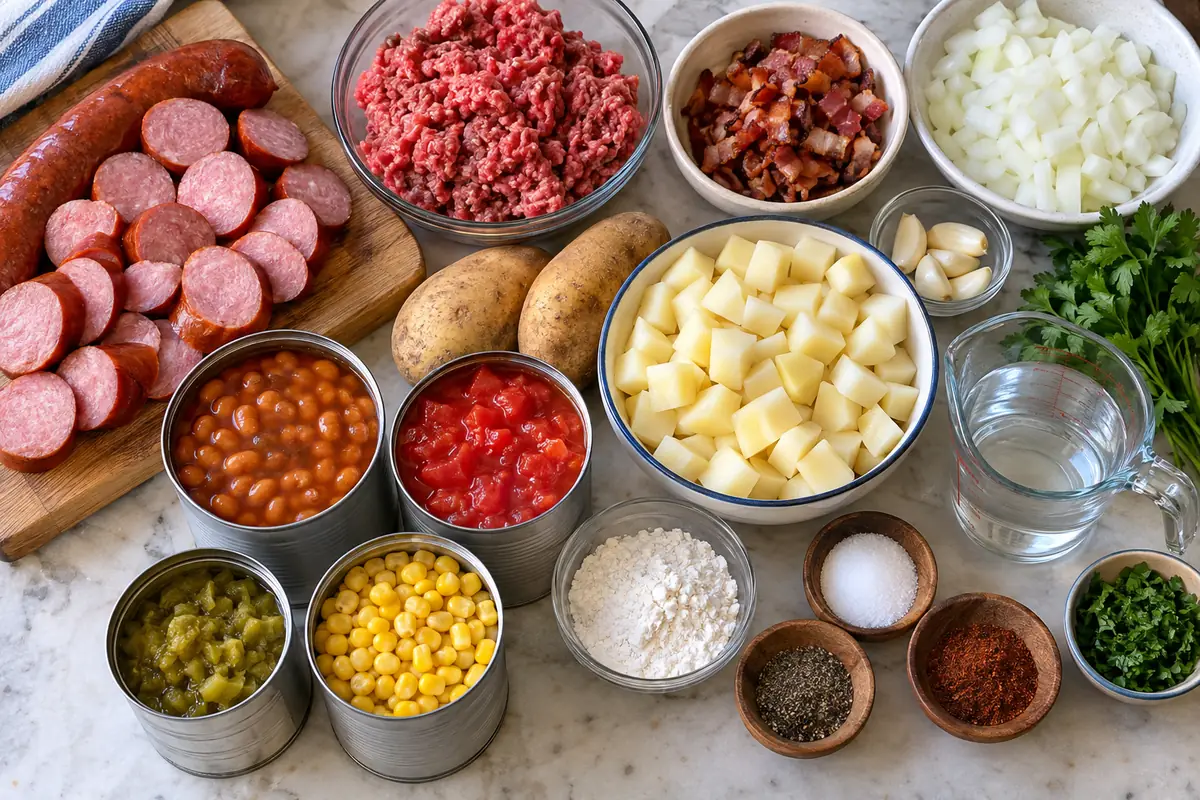 Ingredients for kielbasa ground beef stew laid out on a counter: kielbasa, ground beef, bacon, potatoes, beans, corn, tomatoes and green chilies
