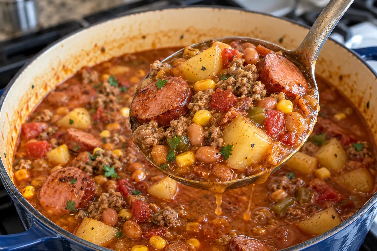 Ladle lifting a chunky scoop of kielbasa ground beef stew showing sausage slices, beans, corn and potato cubes