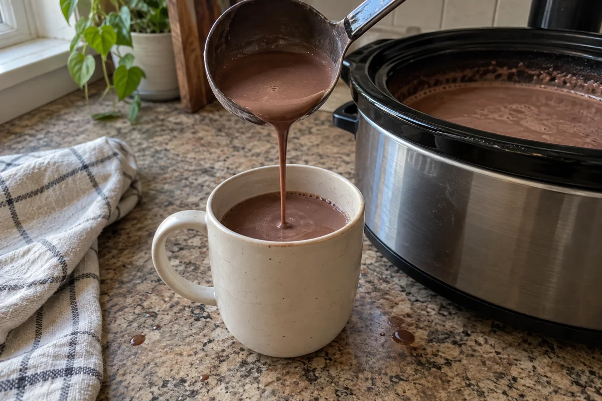 Ladle pouring hot chocolate from a slow cooker into a mug