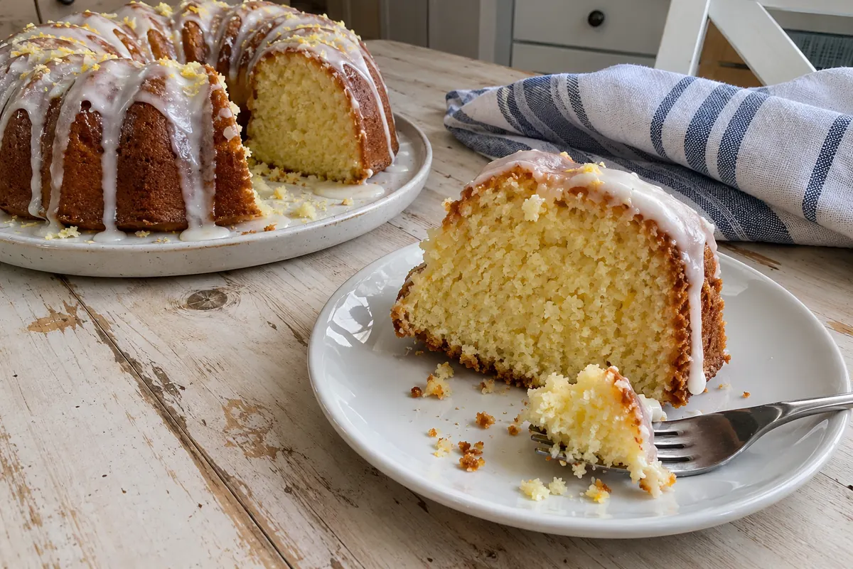 A slice of ultimate lemon cake showing a moist golden crumb under a layer of lemon glaze